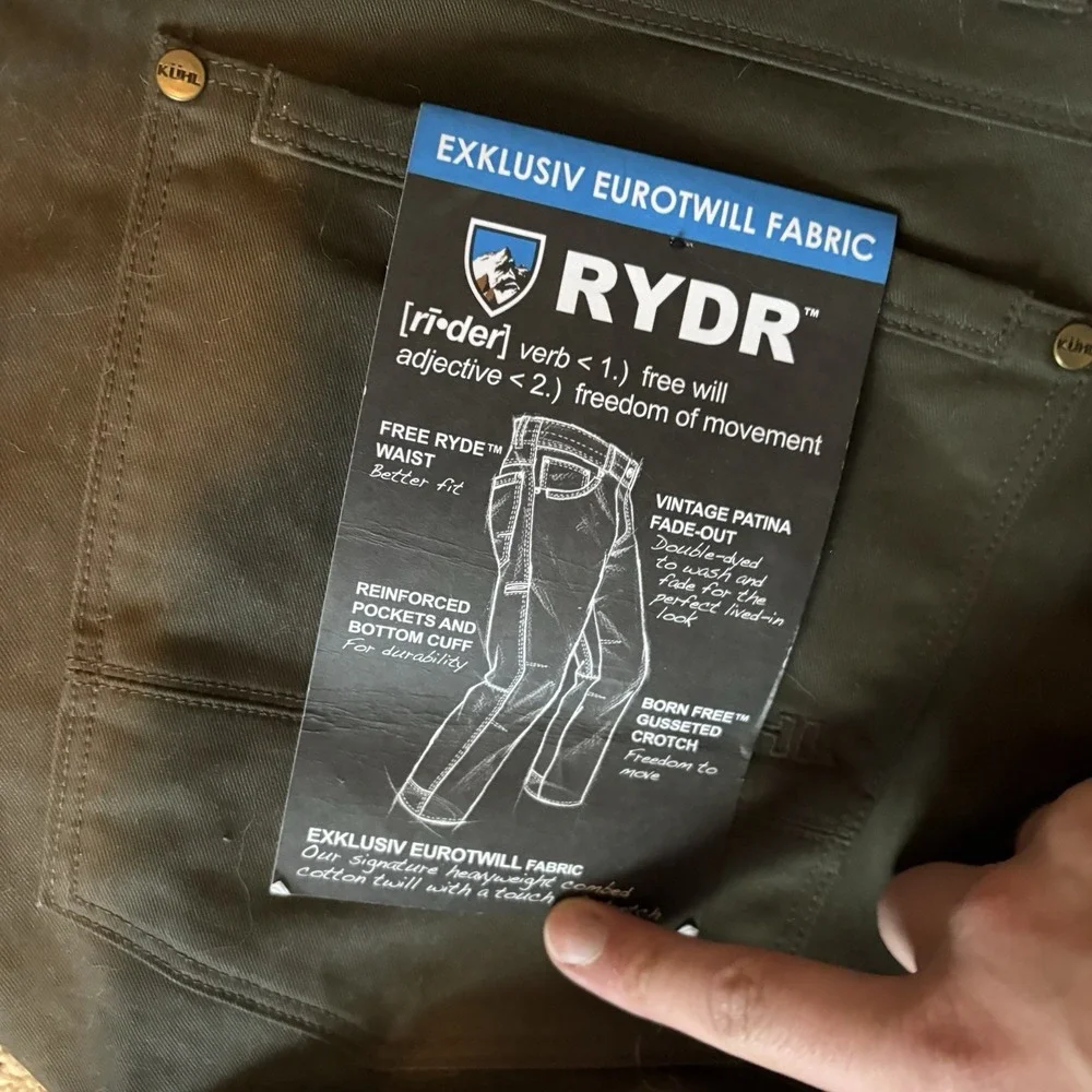 Kuhl‎ Free RYDR Mens 34x30 Heavyweight Canvas Tapered Pants Espresso Patina Dye